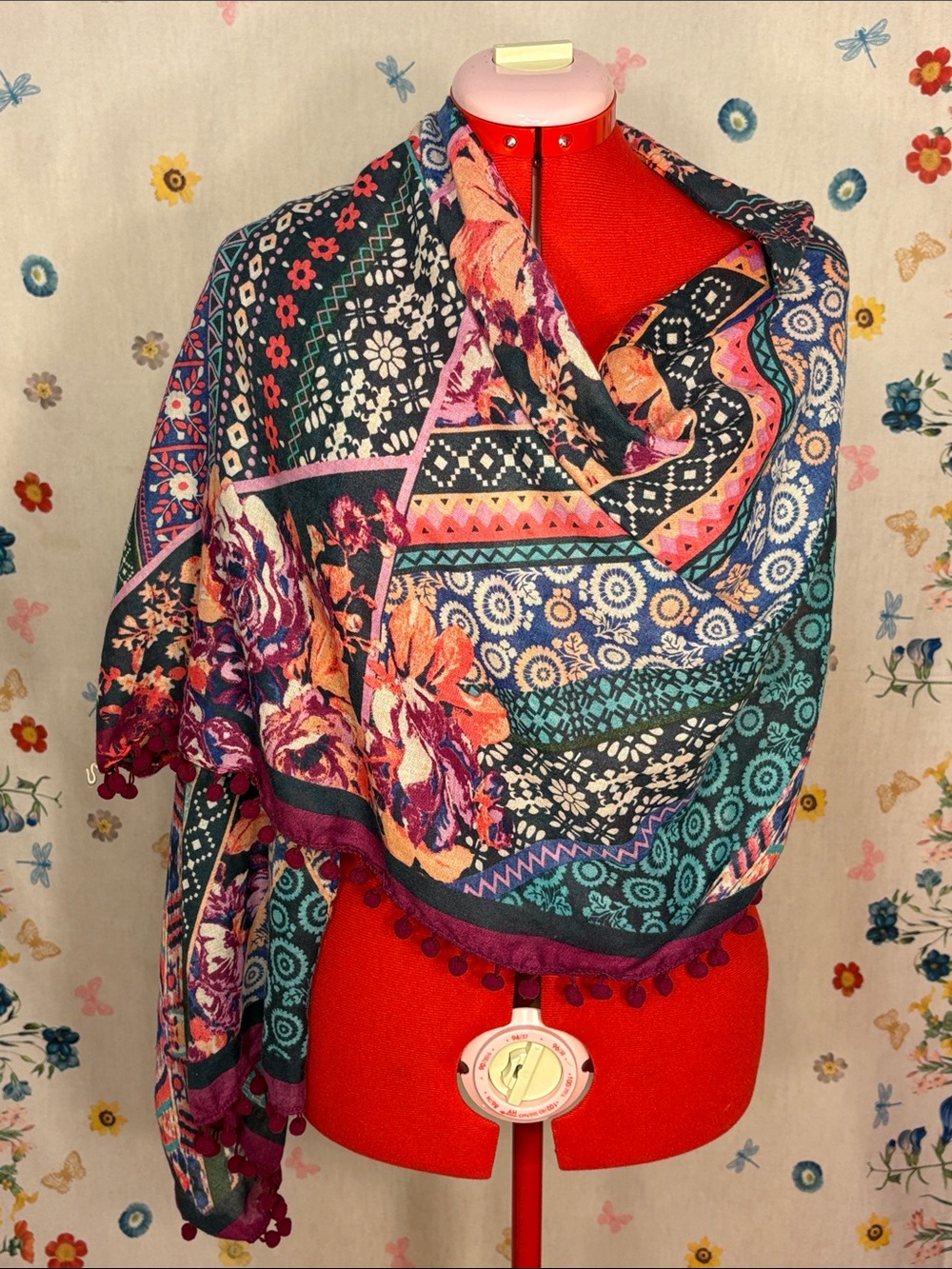 Vibrant Boho Multicolor Purple Turquoise Peach Pom-Pom Scarf - Women Accessories
